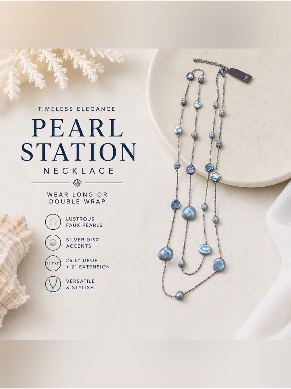 NWT J Jill Faux Pearl Silver Disc Long Station Necklace Coastal Chic
